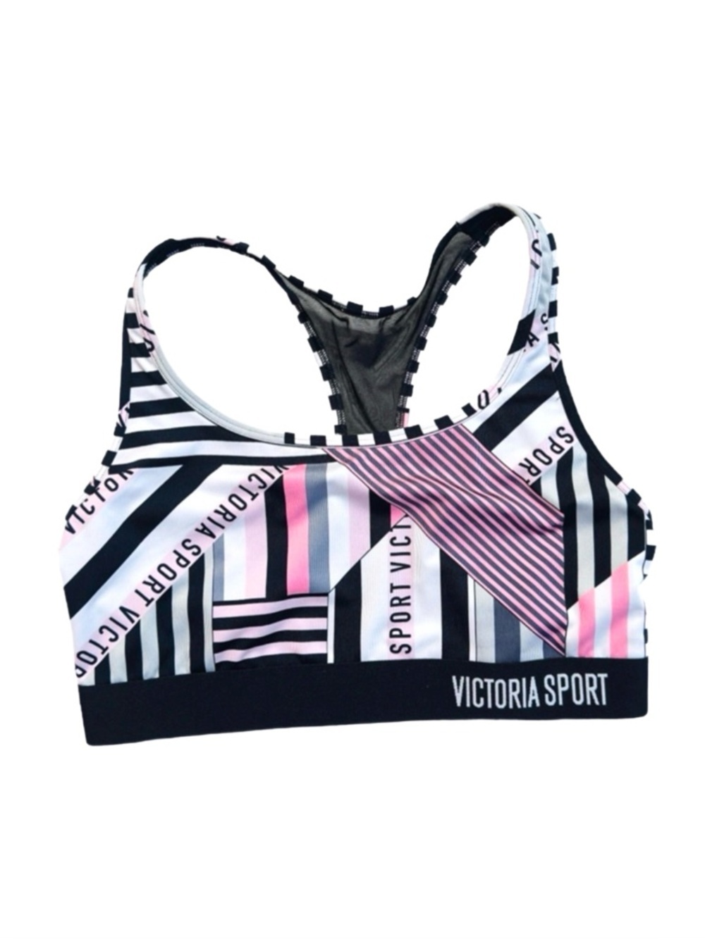VICTORIA’S SECRET ~ Pink Black Gray and White Striped Sports Bra w/Mesh Details
